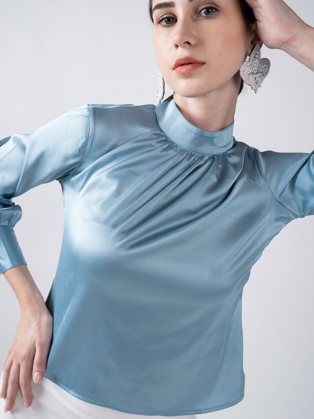 Gathered Collared Top Mint Blue - Front